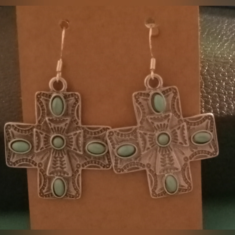 Silver and Turquoise Cross Earrings